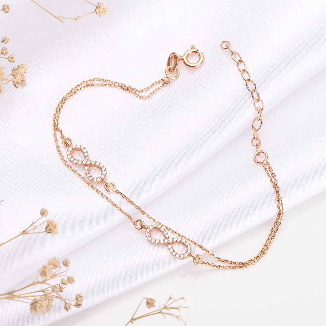 Dual Infinity CZ Link chain Rose Gold Plated 925 Sterling Silver Bracelet