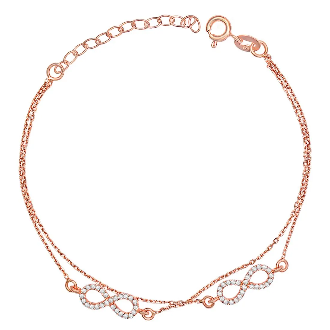 Dual Infinity CZ Link chain Rose Gold Plated 925 Sterling Silver Bracelet