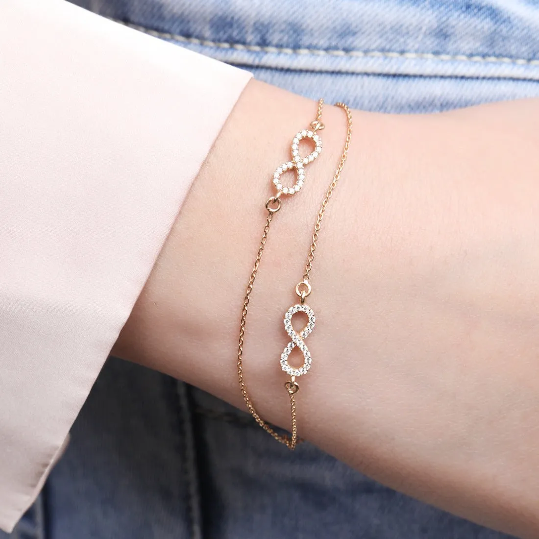 Dual Infinity CZ Link chain Rose Gold Plated 925 Sterling Silver Bracelet