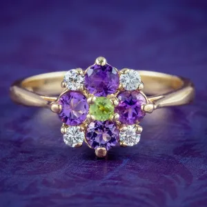 Edwardian Style Suffragette Cluster Ring Amethyst Peridot Diamond