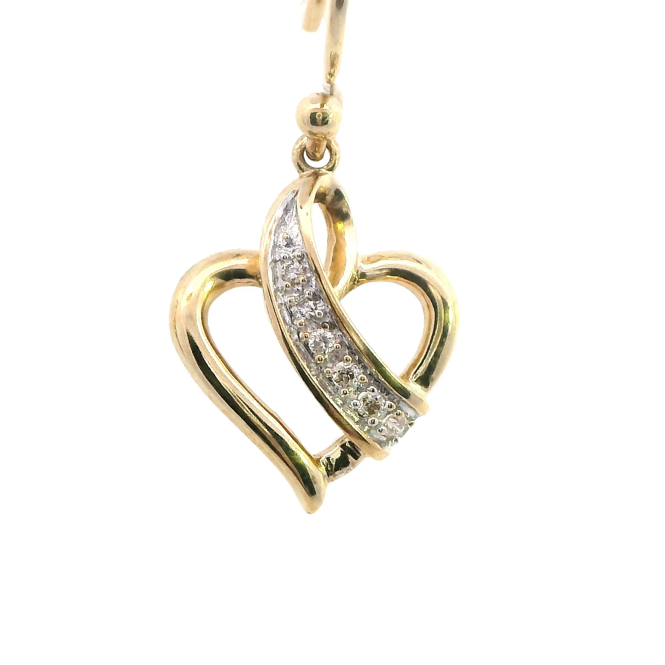 Elegant 9ct Yellow Gold Diamond Heart Drop Earrings