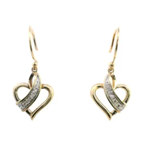 Elegant 9ct Yellow Gold Diamond Heart Drop Earrings