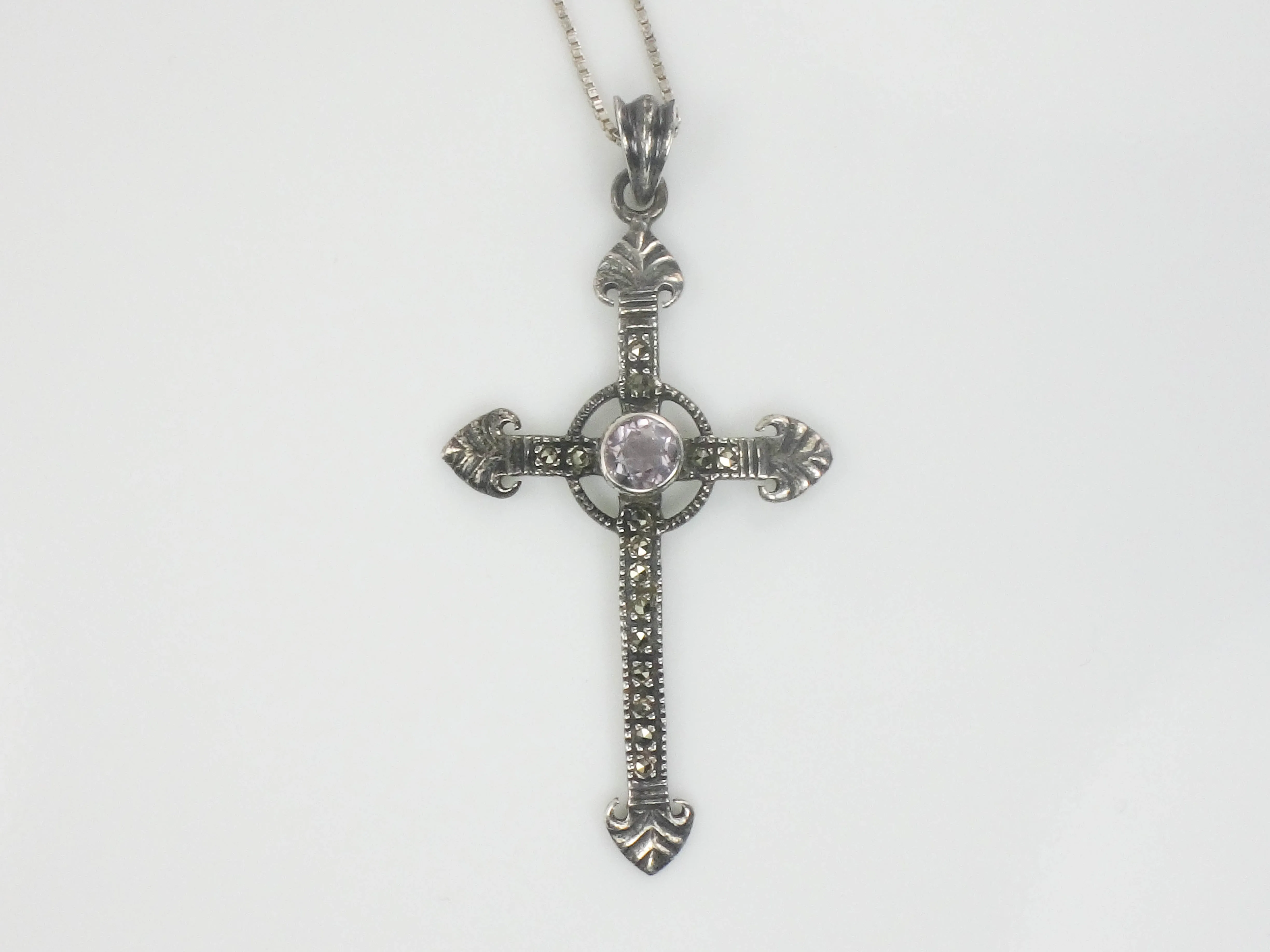 Estate Sterling Silver Large Purple Amethyst and Marcasite Cross Pendant Necklace 24"