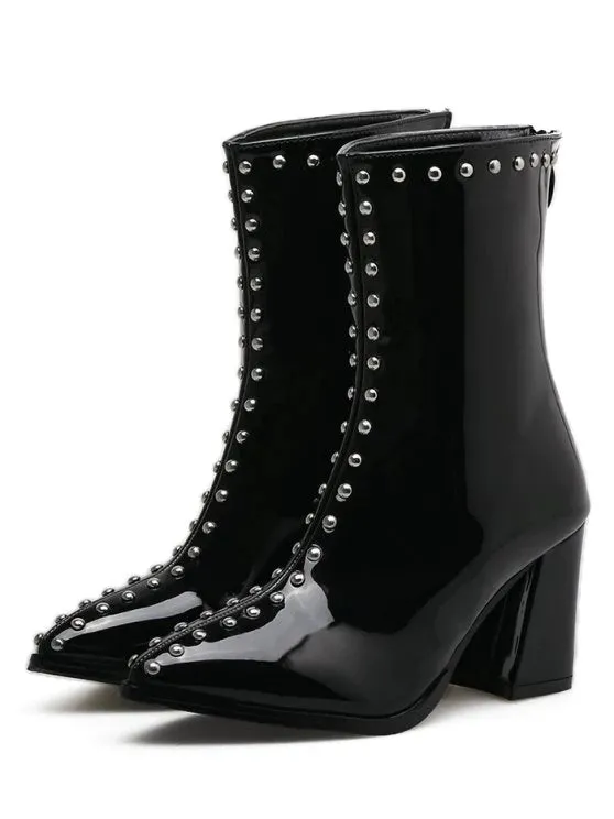 Fashion Stud Patent Leather Pointed Toe Ankle Boots