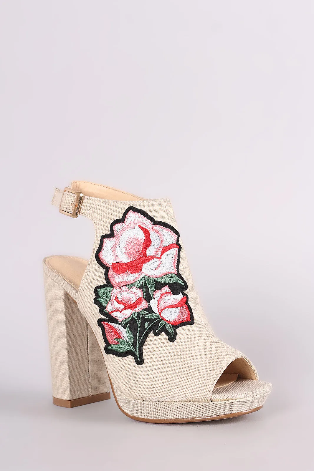 Floral Applique Peep Toe Mule Chunky Heel