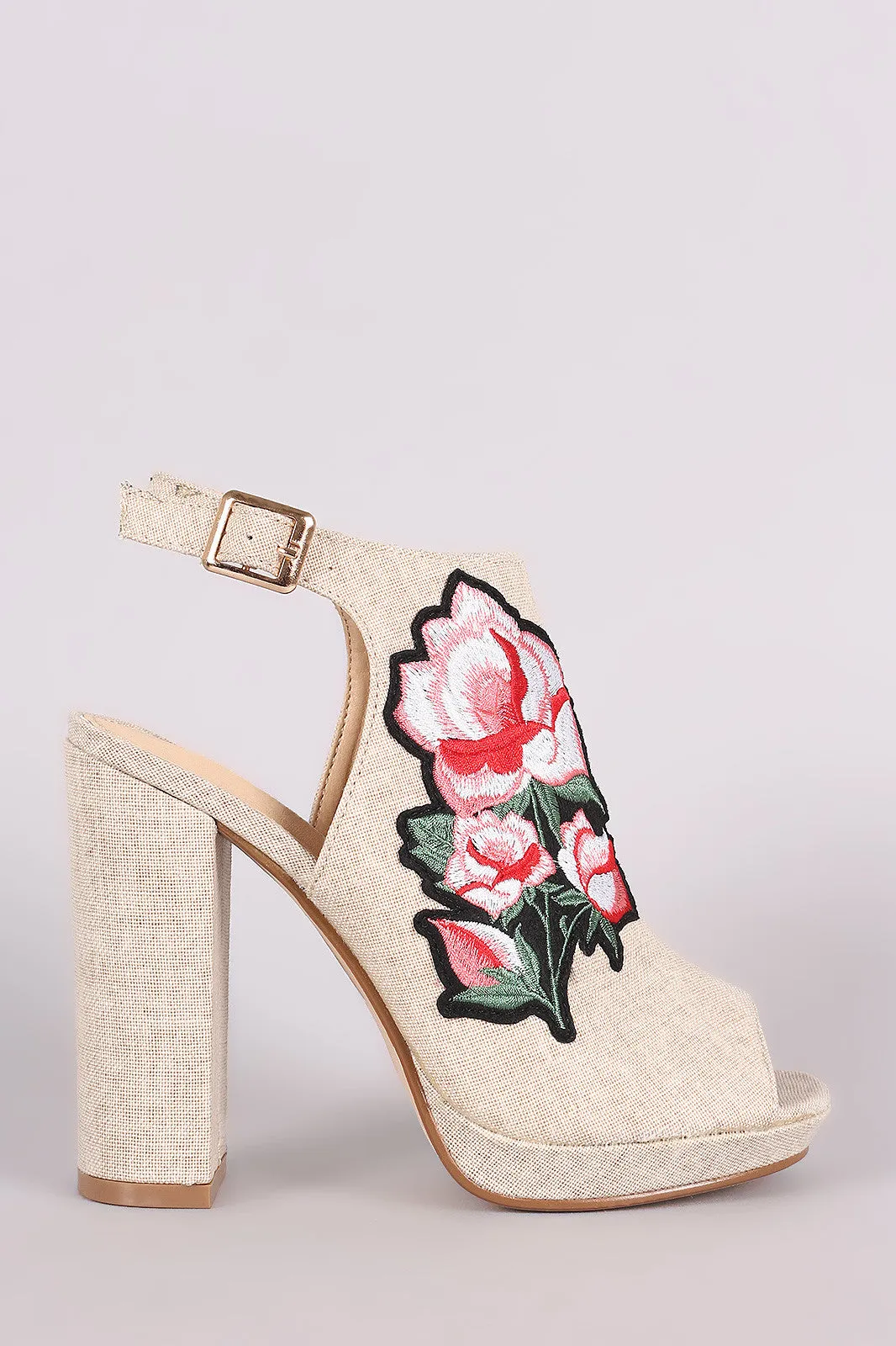 Floral Applique Peep Toe Mule Chunky Heel