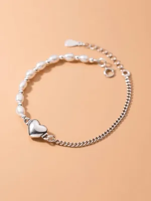 Freshwater Pearl Rustic Heart Everyday .925 Sterling Silver Bracelet