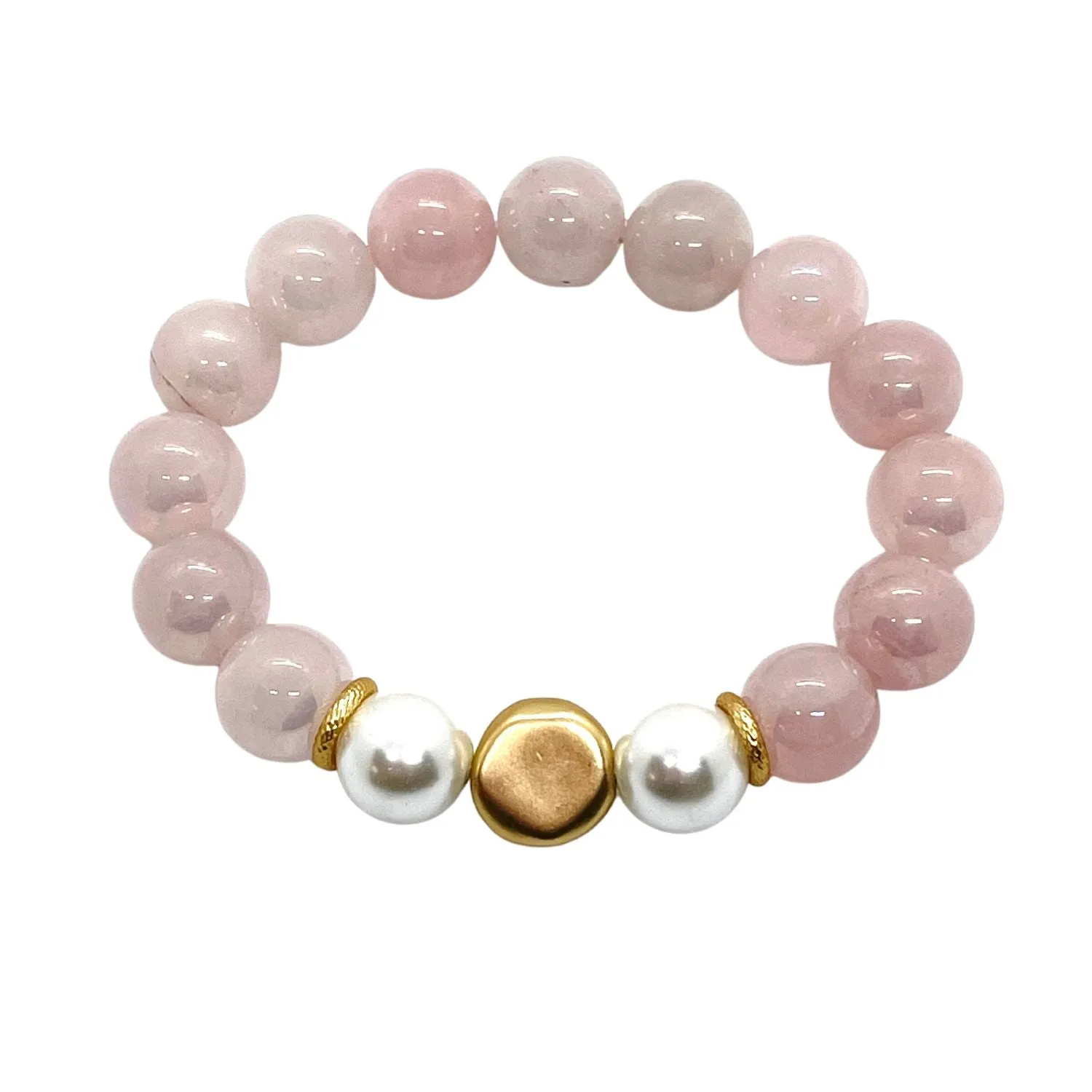 Glazed Rose Quartz Matte Gold Bracelet With Pearl Accent