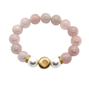 Glazed Rose Quartz Matte Gold Bracelet With Pearl Accent