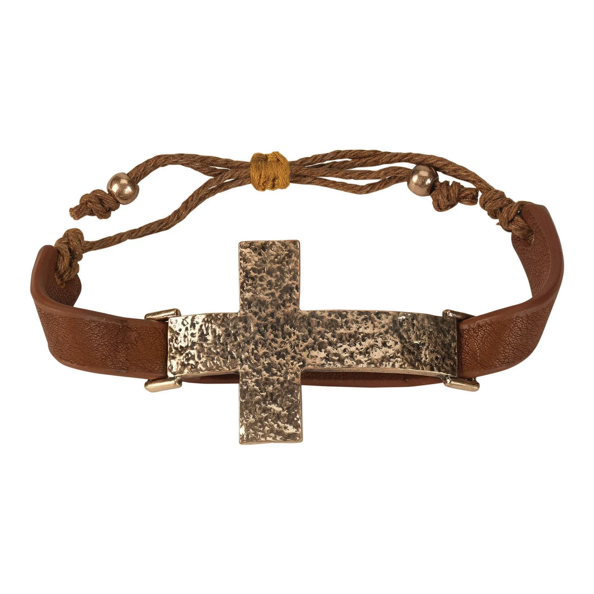 Gold/Copper Tone Sideways Cross Leather Bracelet