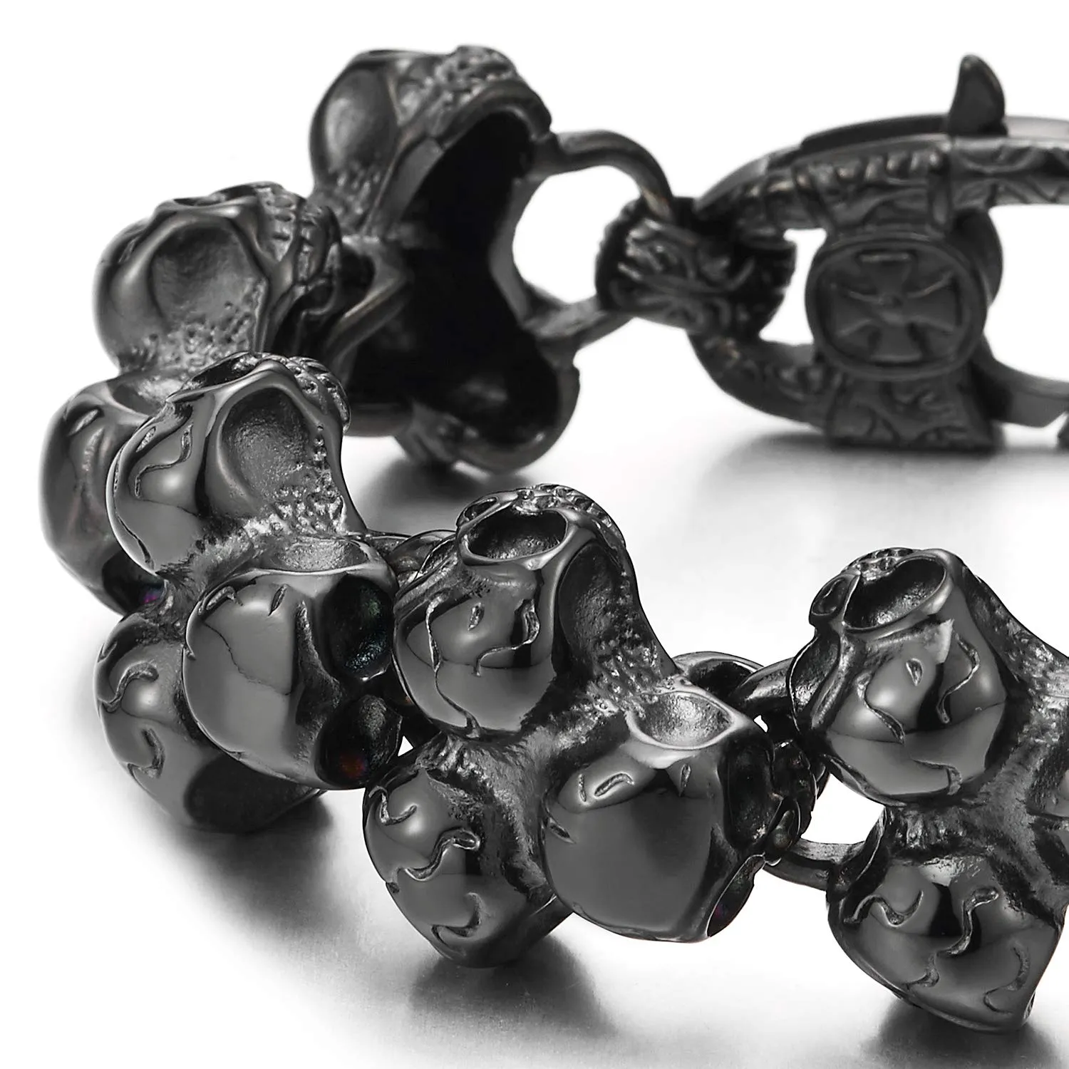 Gothic Punk Large Stainless Steel Triple Skulls Bracelet for Men, Silver Color, Polished Finish, Ideal for Adding Edge to Casual Outfits or Themed Events