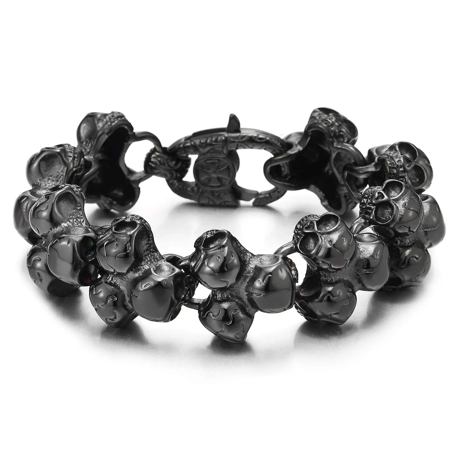 Gothic Punk Large Stainless Steel Triple Skulls Bracelet for Men, Silver Color, Polished Finish, Ideal for Adding Edge to Casual Outfits or Themed Events