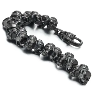 Gothic Punk Large Stainless Steel Triple Skulls Bracelet for Men, Silver Color, Polished Finish, Ideal for Adding Edge to Casual Outfits or Themed Events