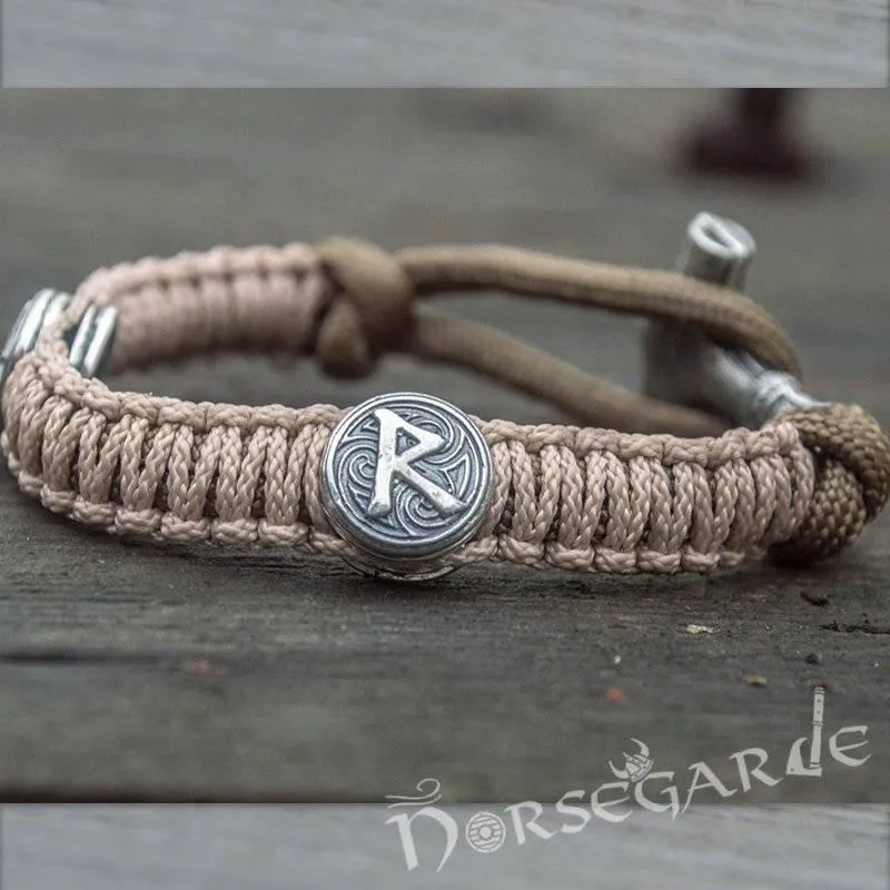 Handcrafted Cream Paracord Bracelet with Mjölnir and Runes - Sterling Silver