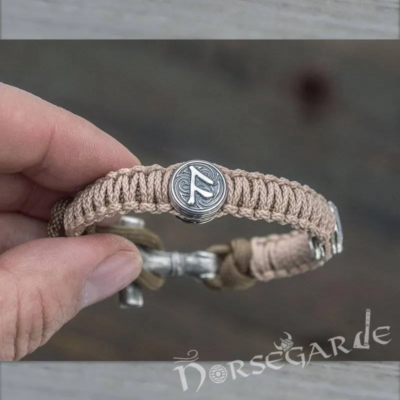 Handcrafted Cream Paracord Bracelet with Mjölnir and Runes - Sterling Silver