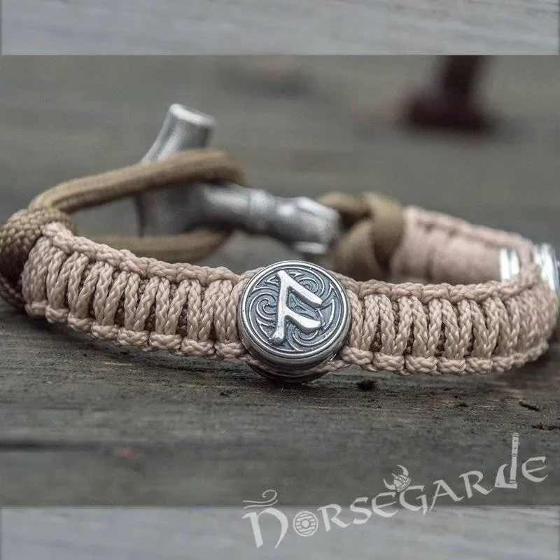 Handcrafted Cream Paracord Bracelet with Mjölnir and Runes - Sterling Silver