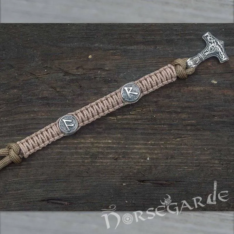 Handcrafted Cream Paracord Bracelet with Mjölnir and Runes - Sterling Silver