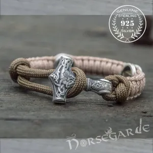 Handcrafted Cream Paracord Bracelet with Mjölnir and Runes - Sterling Silver