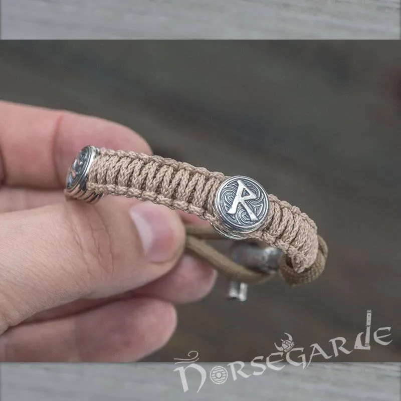 Handcrafted Cream Paracord Bracelet with Mjölnir and Runes - Sterling Silver