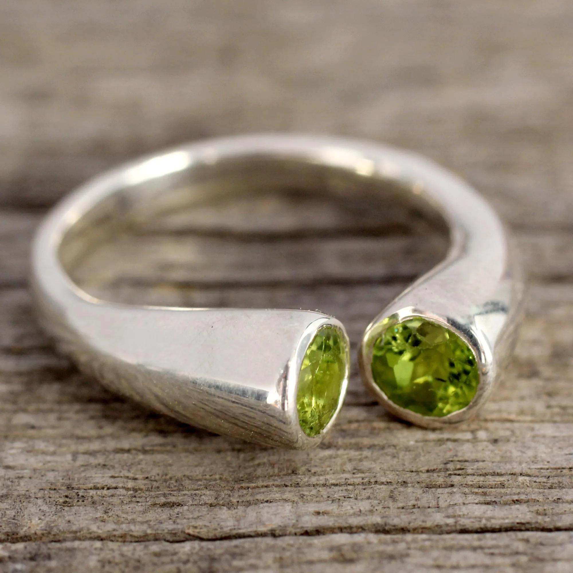 Handcrafted Jewelry Silver and Peridot Wrap Ring from India - Face to Face | NOVICA