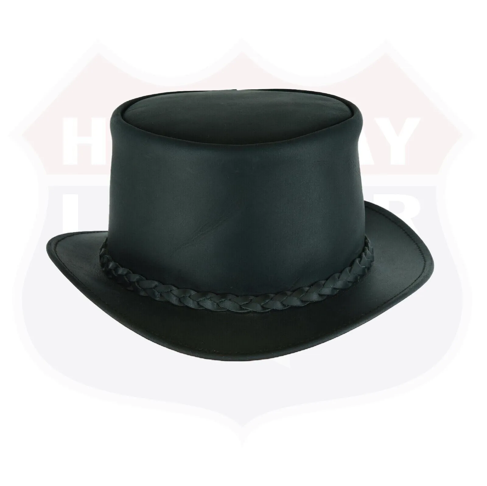 HL80111BLK-BRAID Handcrafted Black Leather TOP HAT shapeable brim and crown