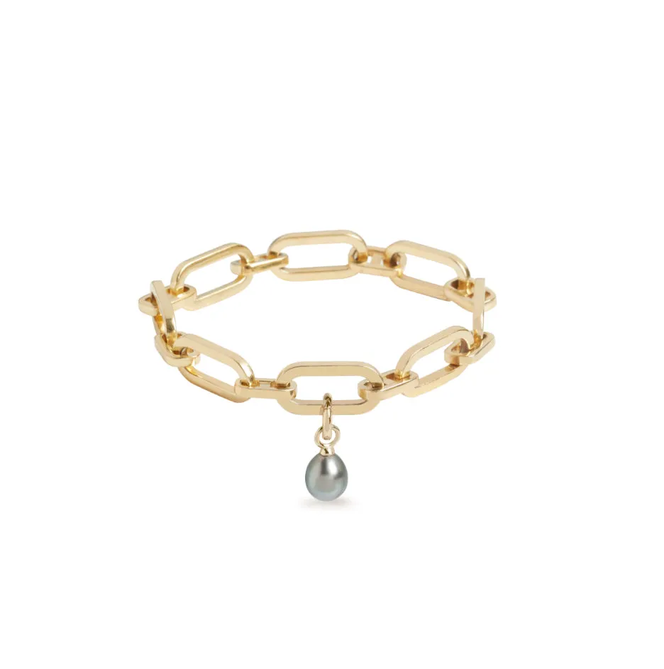 Link Chain Bracelet and Tahitian Pearl Charm Gold Set