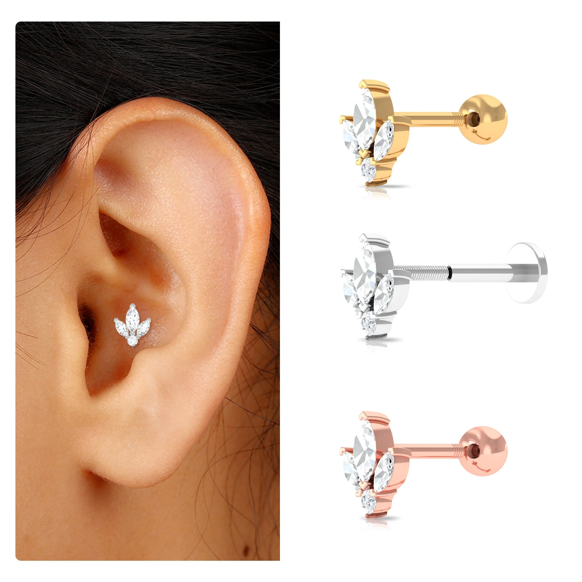 Marquise and Round Moissanite Floral Conch Earring