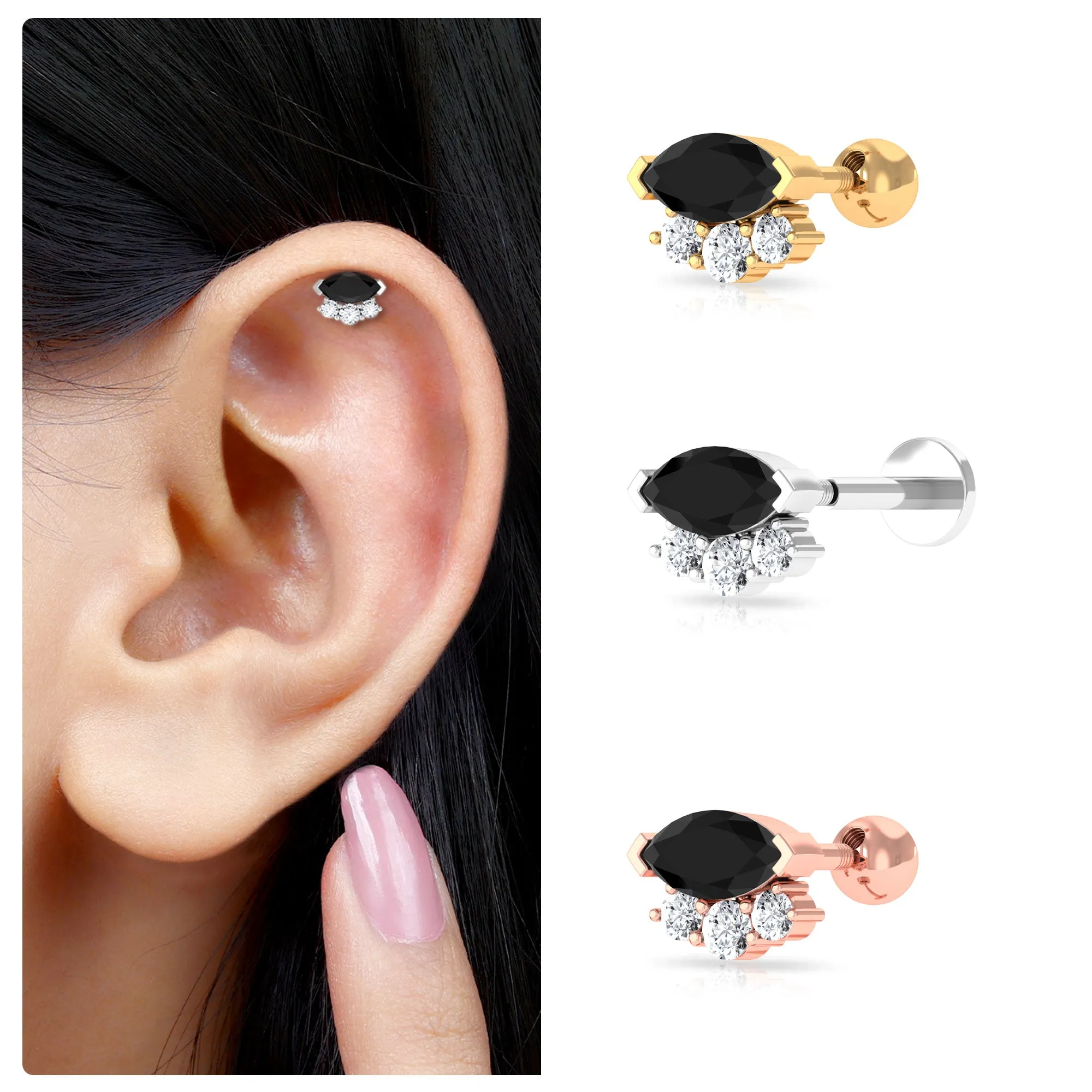 Marquise Black Onyx Helix Earring with Moissanite