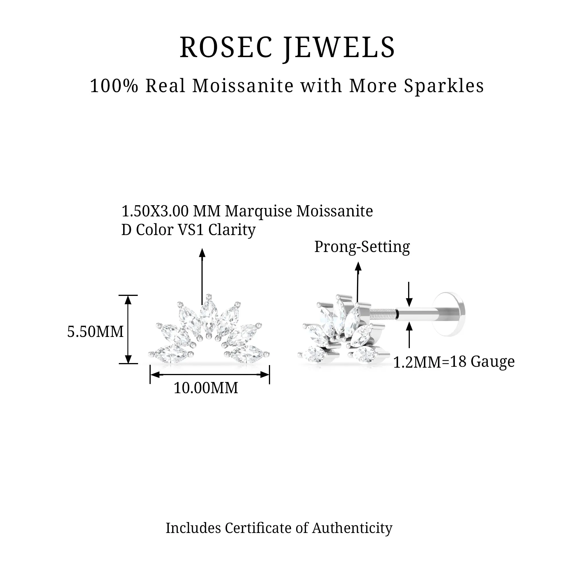 Marquise Cut Moissanite Curved Cartilage Earring