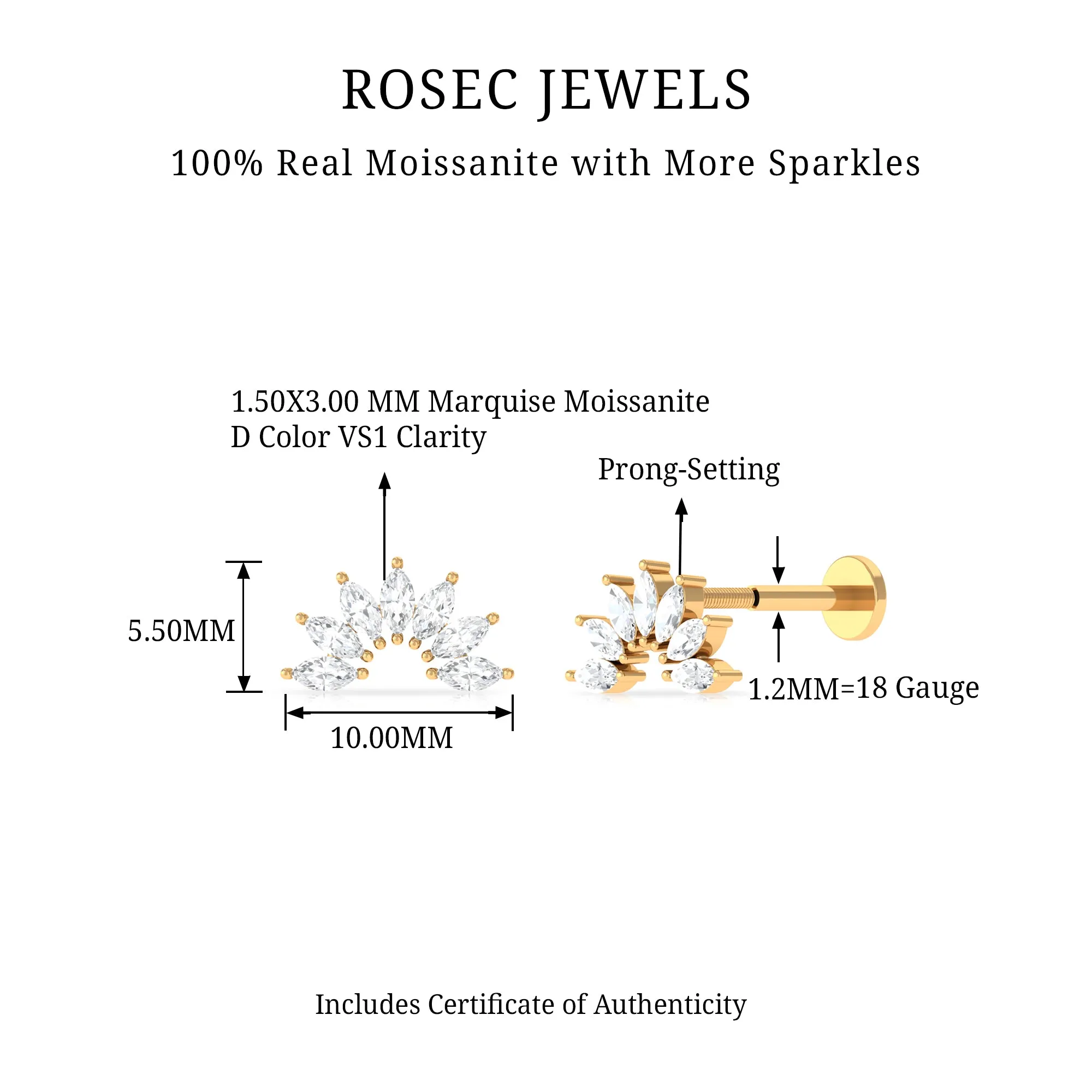 Marquise Cut Moissanite Curved Cartilage Earring