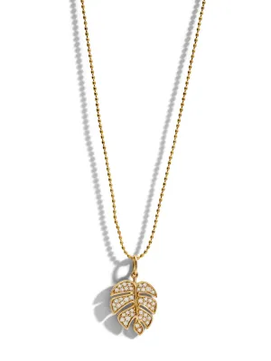 Medium Diamond Monstera Leaf Yellow Gold Charm Necklace