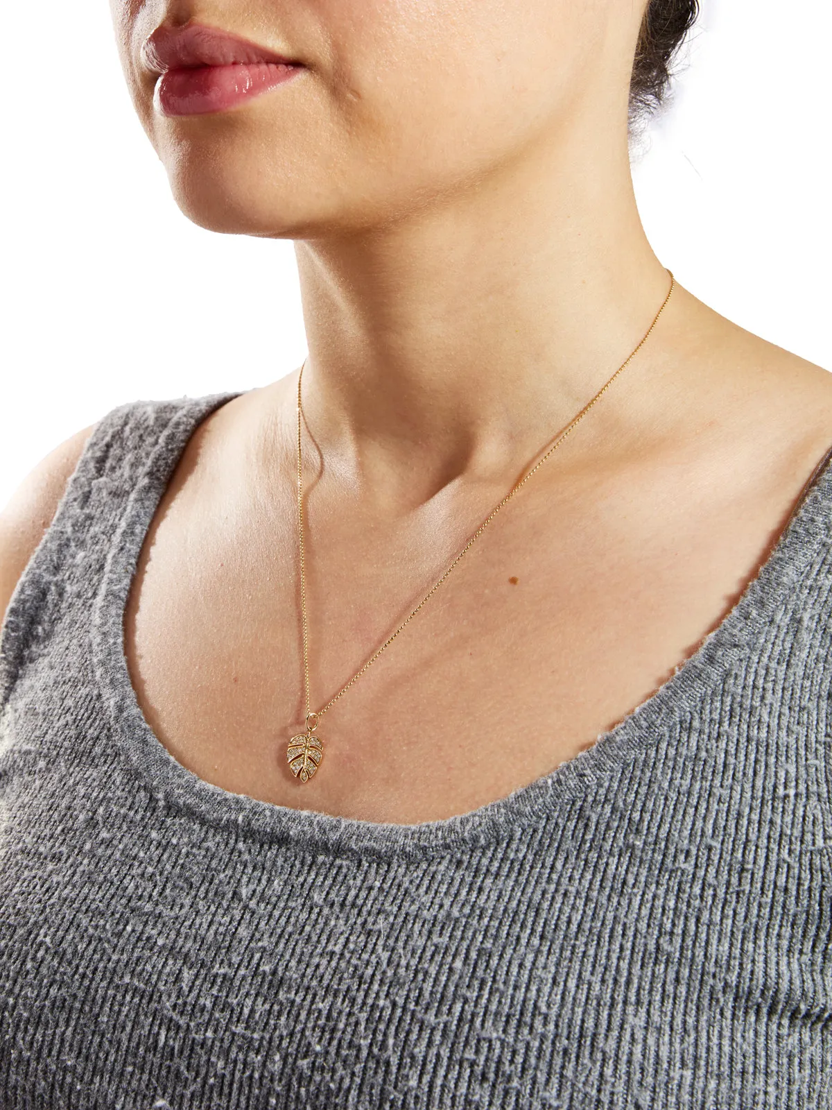 Medium Diamond Monstera Leaf Yellow Gold Charm Necklace