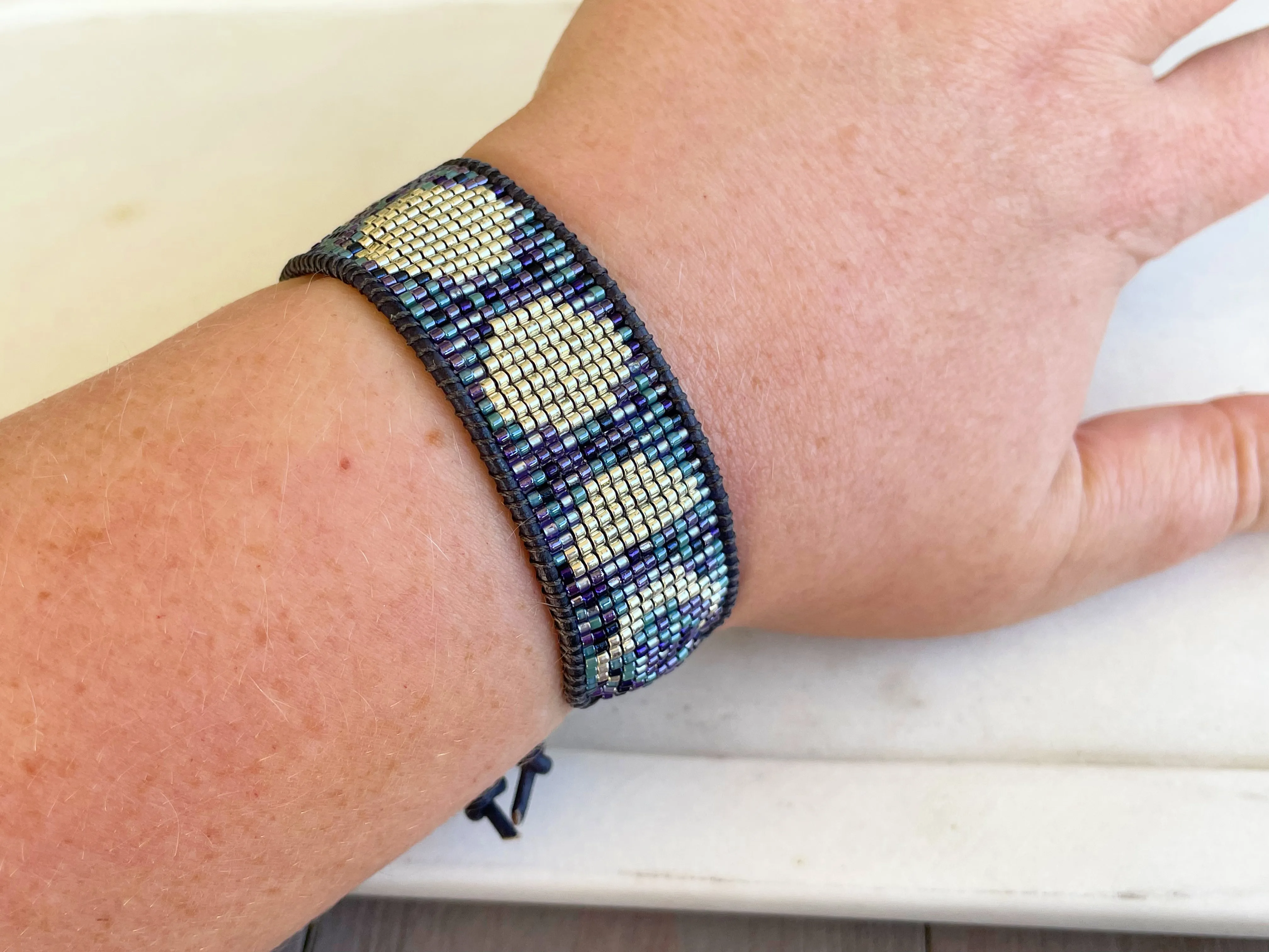 Midnight Silver Moon Phases Beaded Loom Bracelet