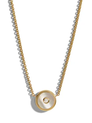 Mini White Mother of Pearl and Diamond Compass Yellow Gold Necklace