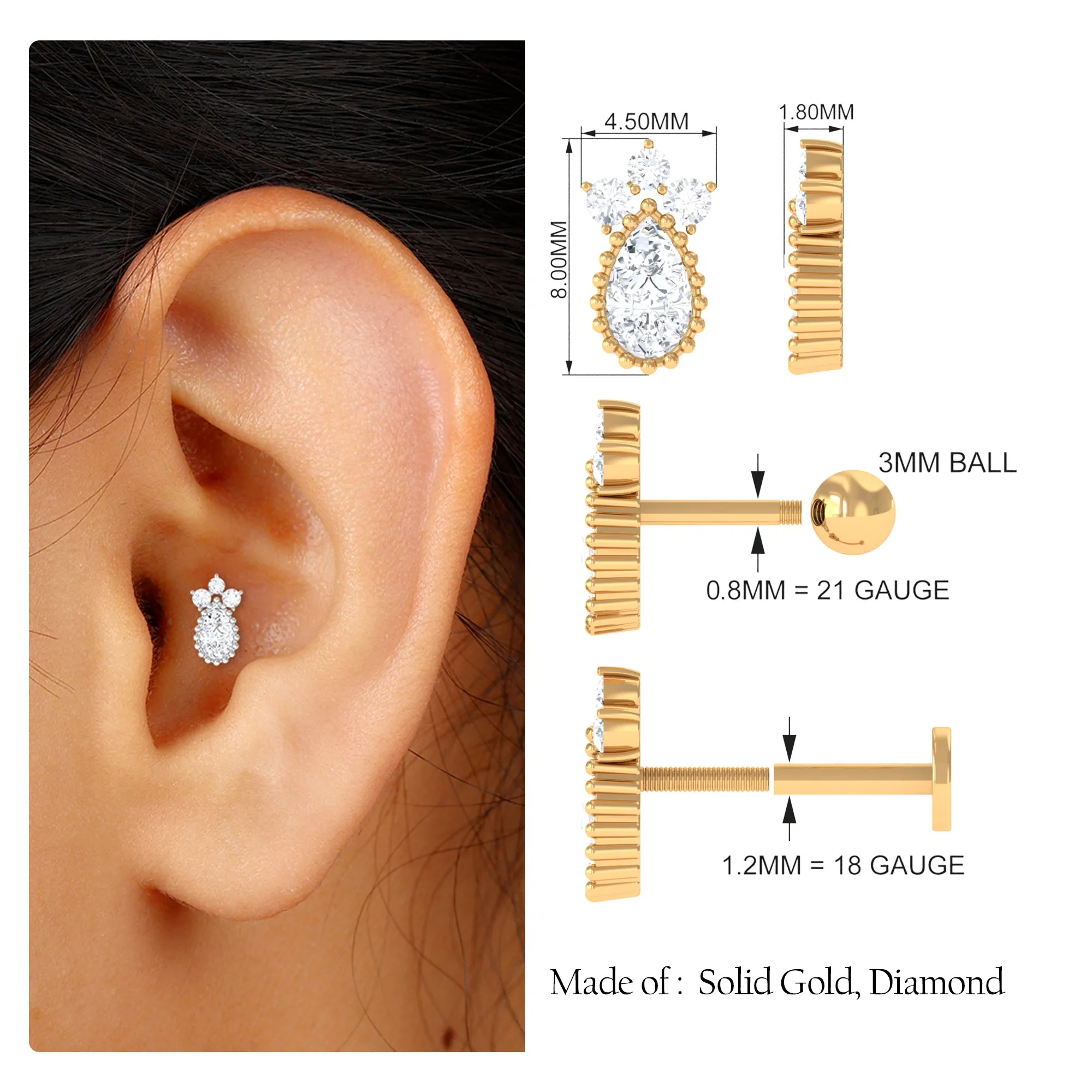 Minimalist Moissanite Teardrop Earring for Helix Piercing