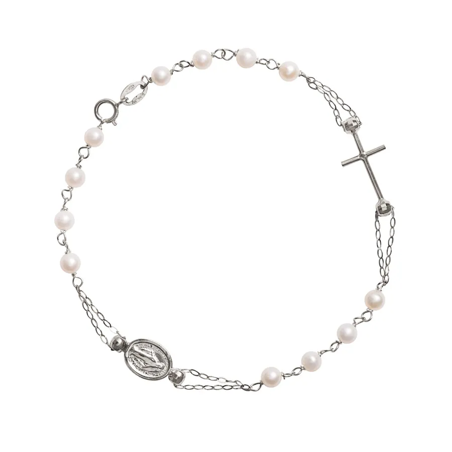 MIRACULOUS AND CROSS - PEARLS ROSARY BRACELET - WHITE GOLD