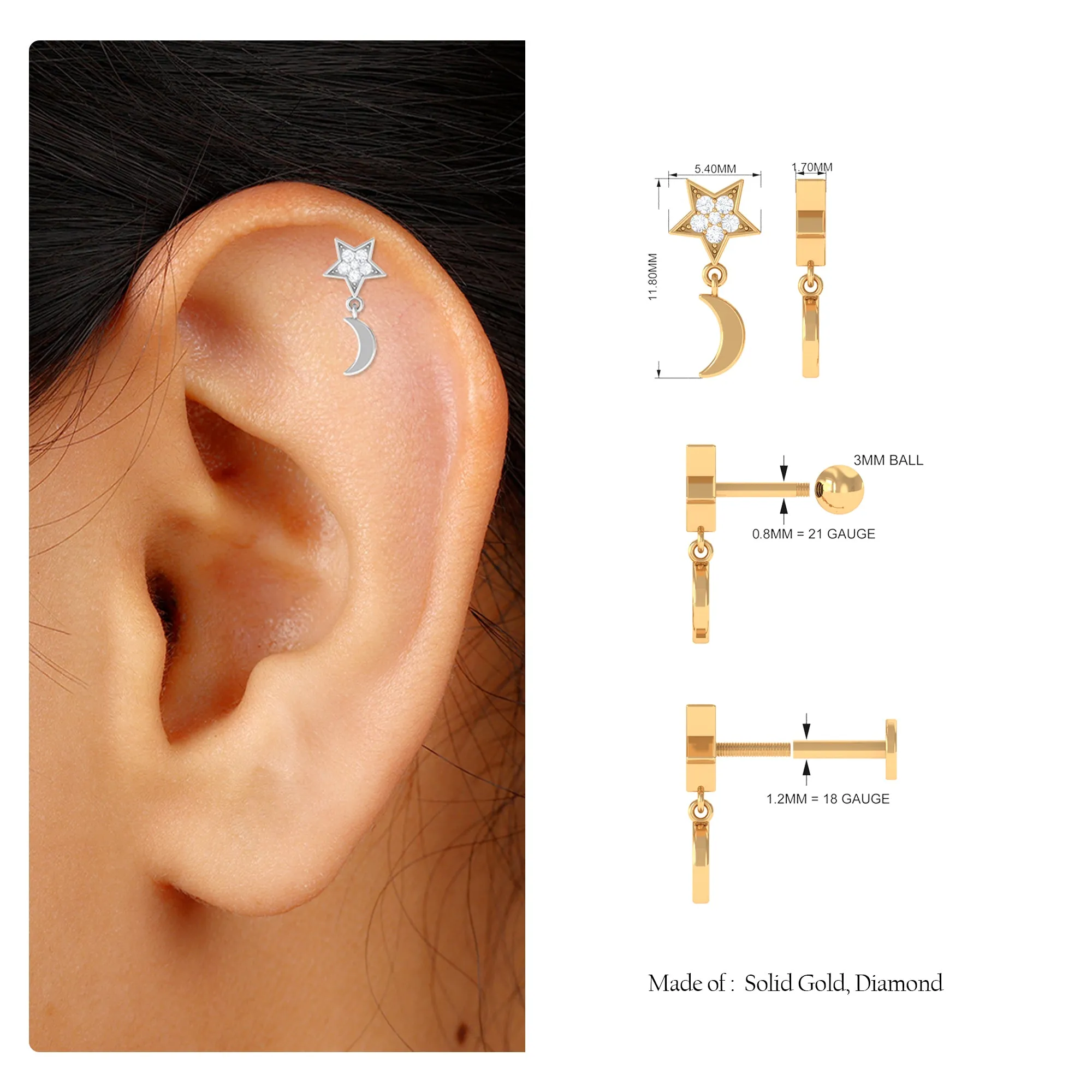 Moissanite Moon and Star Dangle Earring in Gold