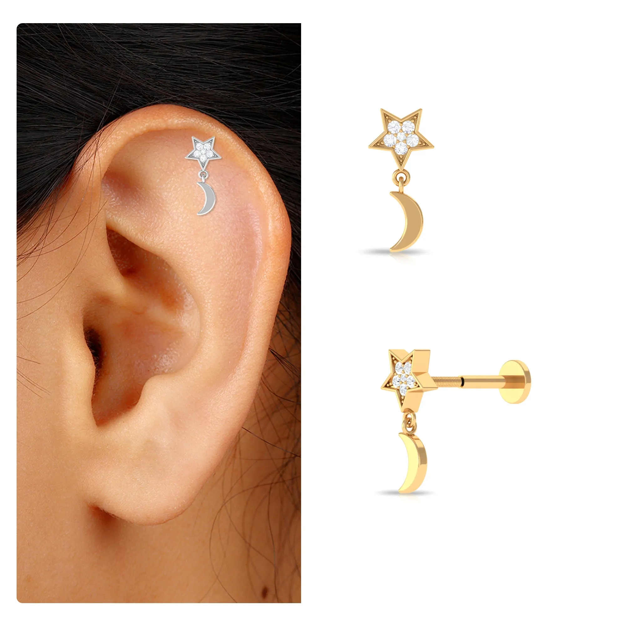 Moissanite Moon and Star Dangle Earring in Gold