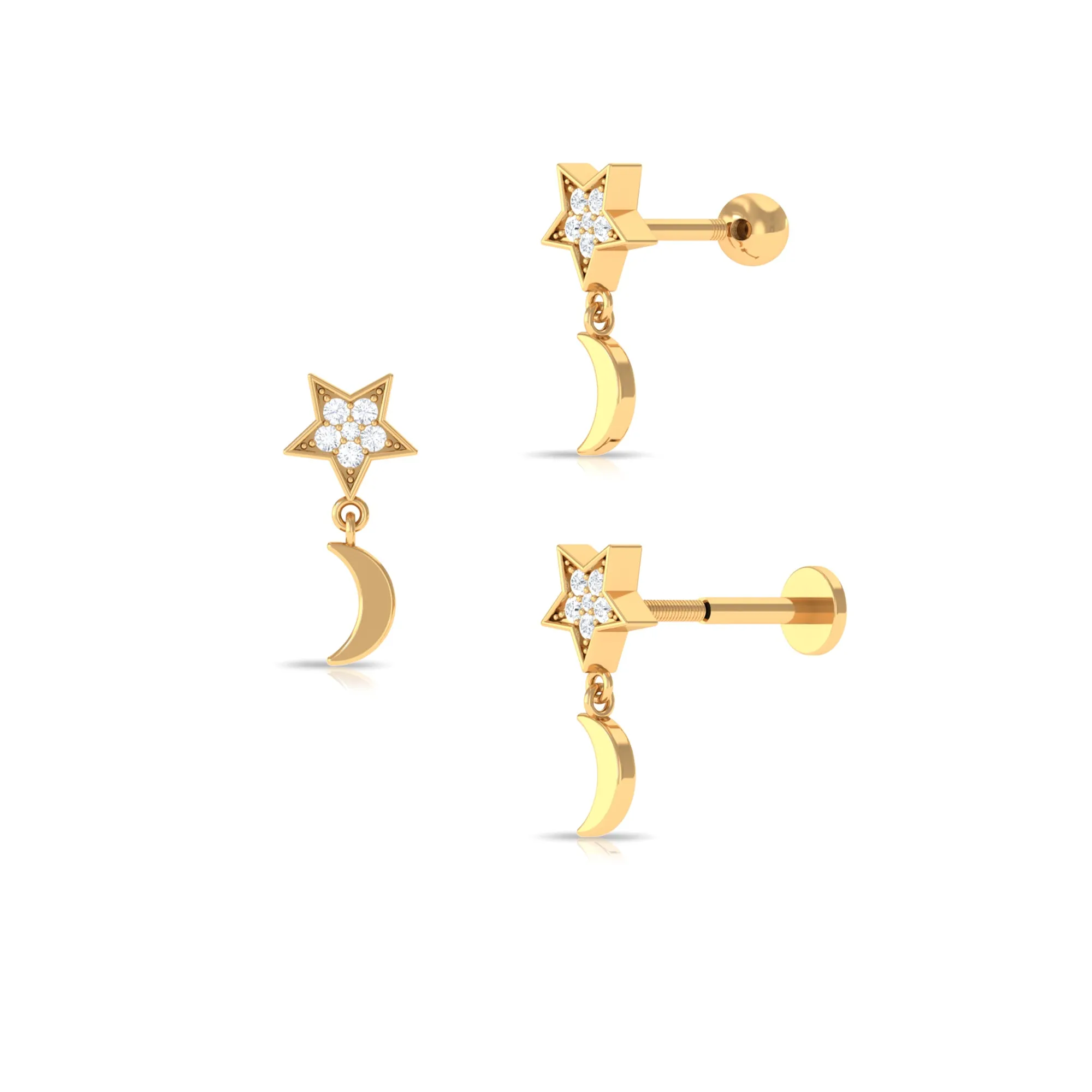 Moissanite Moon and Star Dangle Earring in Gold