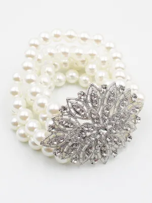 Multiple Row Pearl Bracelet with Rhinestones