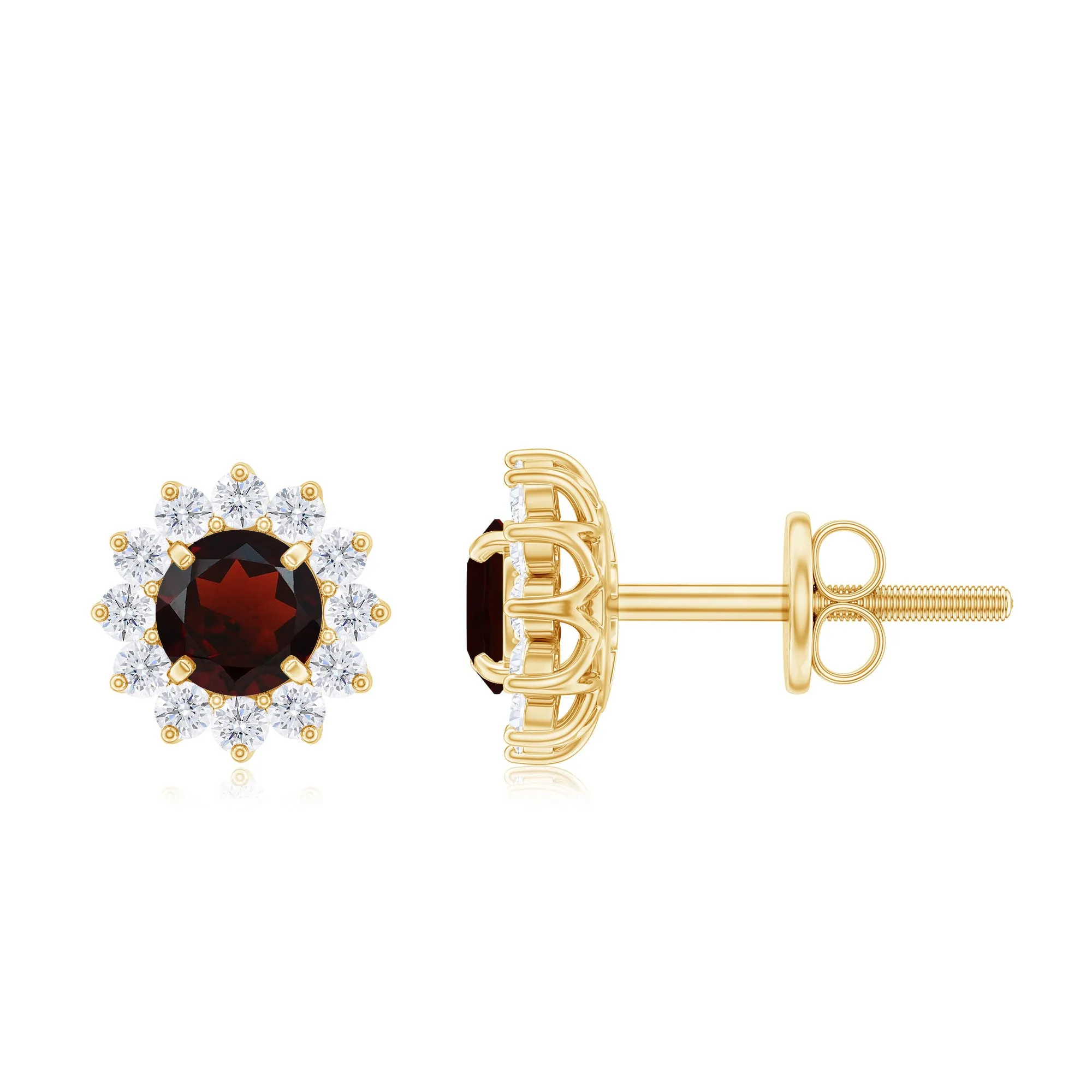 Natural Garnet and Diamond Flower Halo Stud Earrings