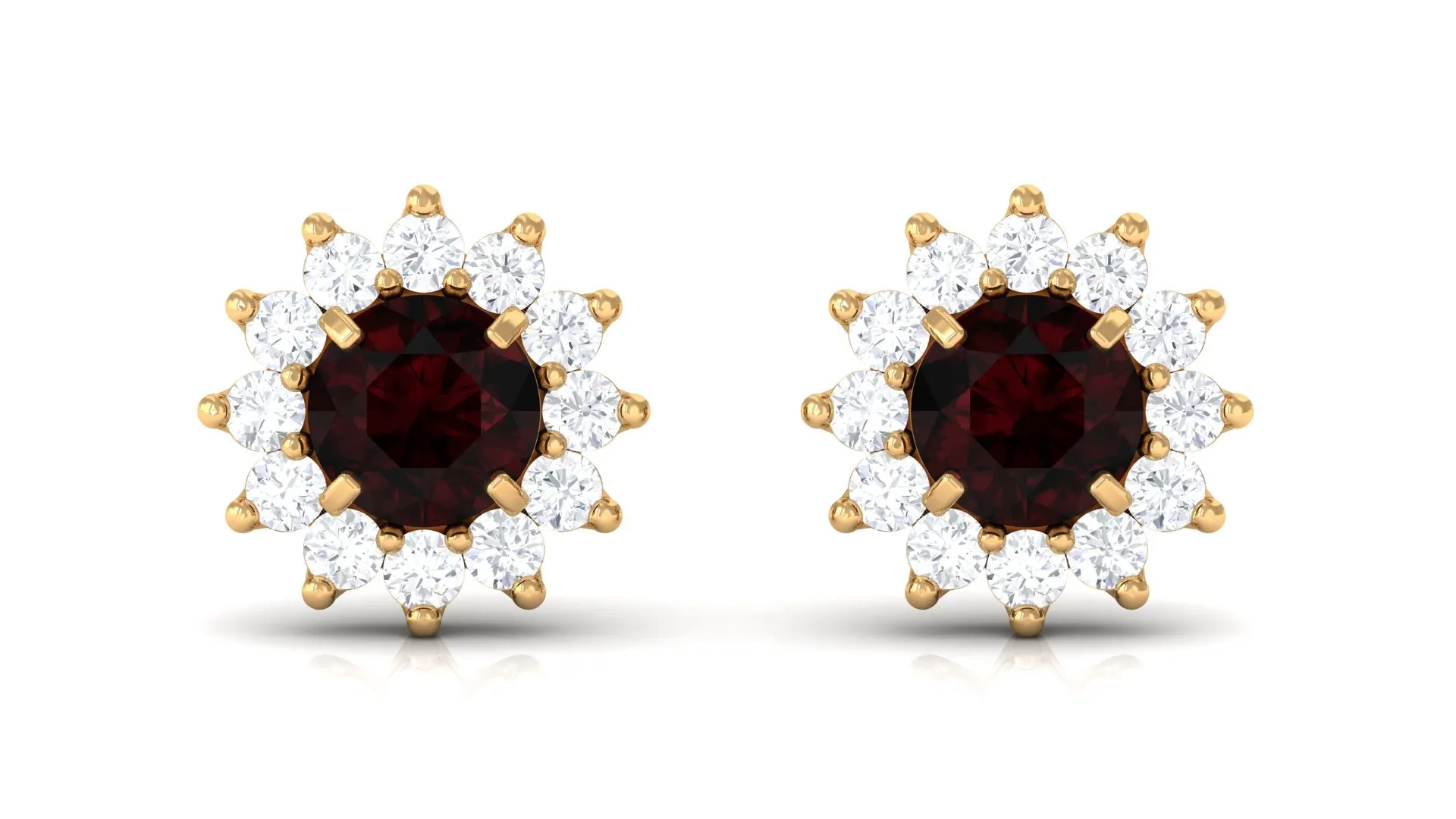 Natural Garnet and Diamond Flower Halo Stud Earrings