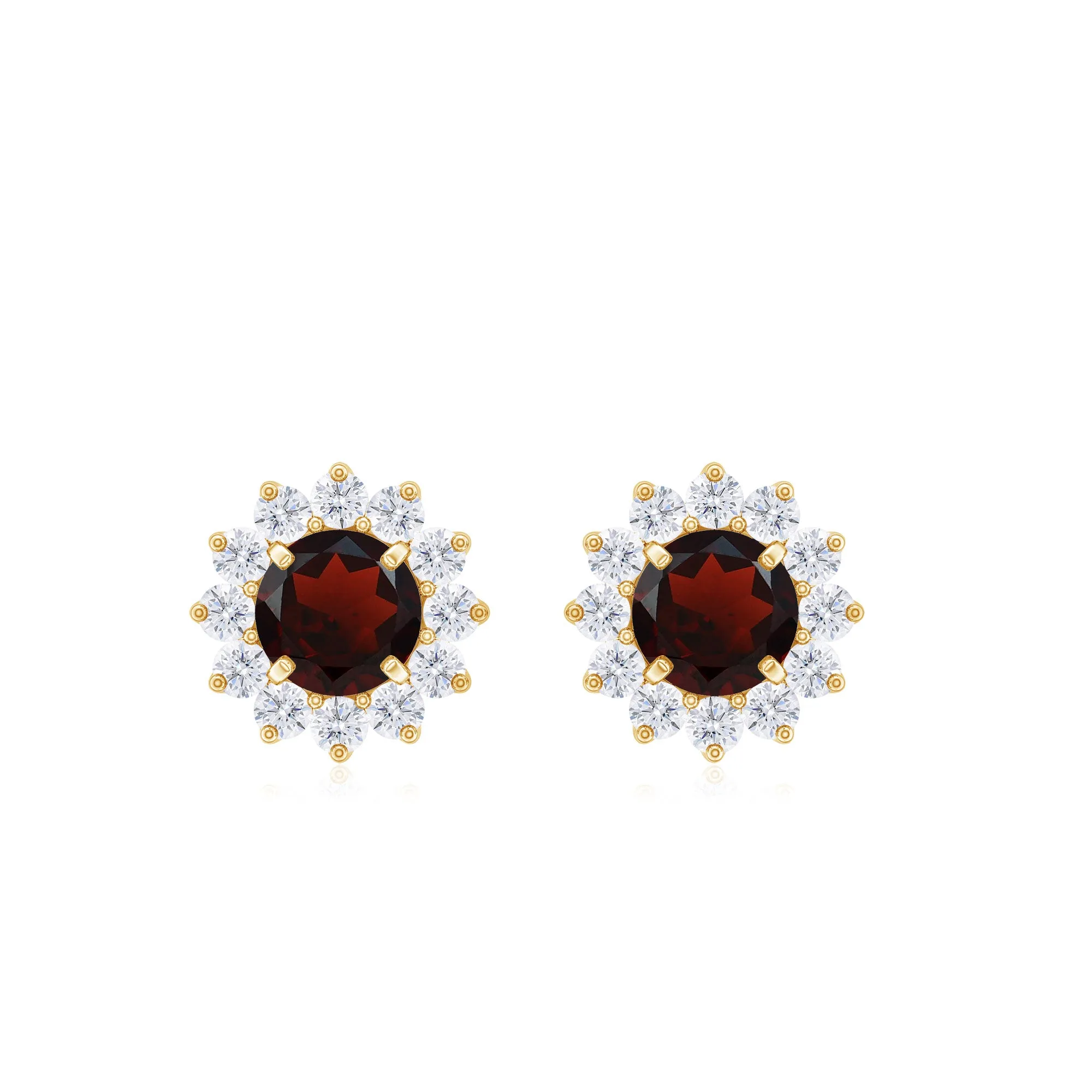 Natural Garnet and Diamond Flower Halo Stud Earrings