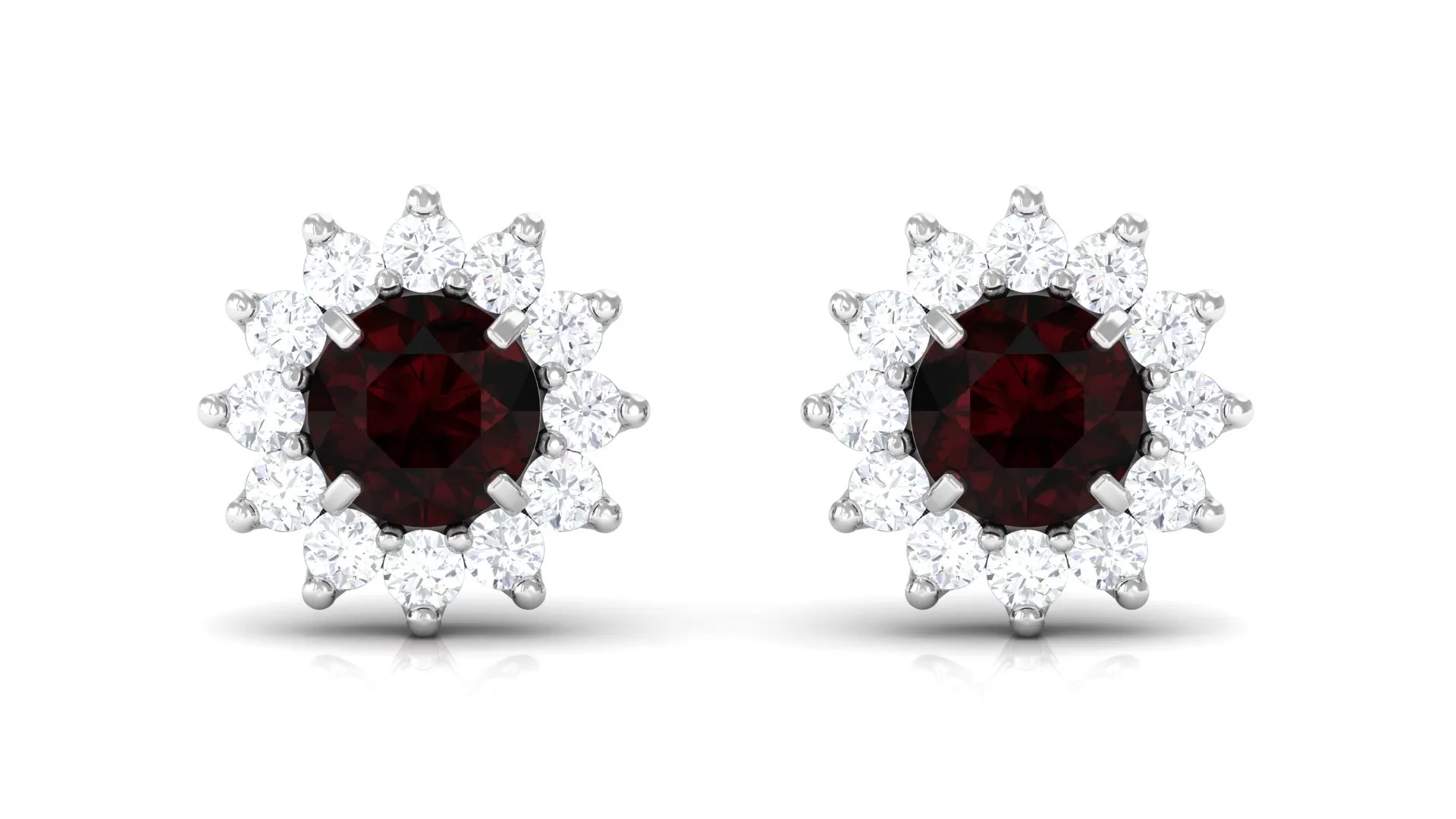 Natural Garnet and Diamond Flower Halo Stud Earrings