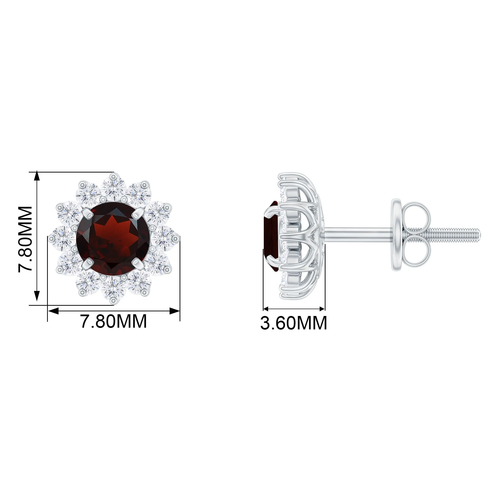 Natural Garnet and Diamond Flower Halo Stud Earrings