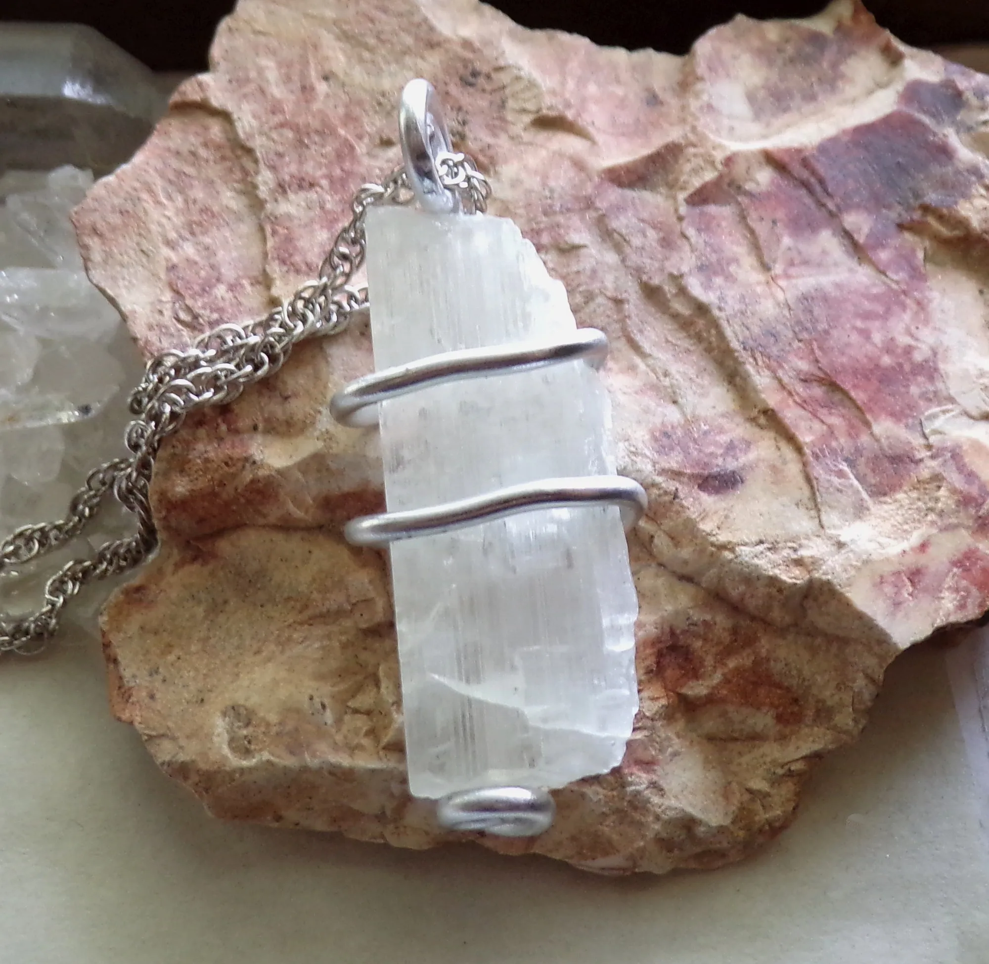 Natural Kunzite Gemstone Wire Wrapped Crystal Pendant Necklace