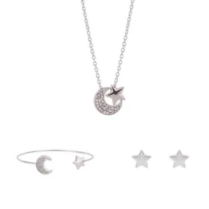 New diamond-studded sun stars moon shape necklace earrings bracelet fashion jewelry three-piece