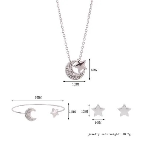 New diamond-studded sun stars moon shape necklace earrings bracelet fashion jewelry three-piece