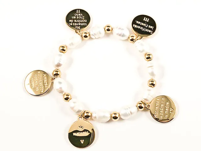 Nice Pearl & Round Religious 10 Commandments  Gold Tone Disc Steel Stretch Bracelet