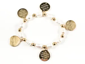 Nice Pearl & Round Religious 10 Commandments  Gold Tone Disc Steel Stretch Bracelet